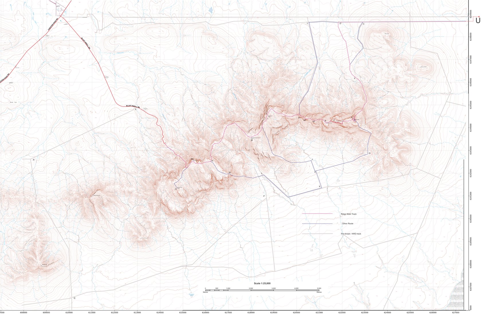 Topographic map of the eastern Stirling Range with the Ridge Walk and other routes marked by lettered waypoints